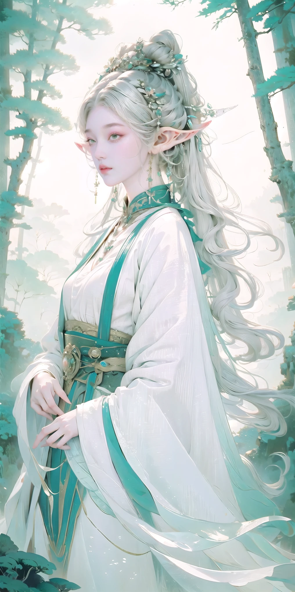 best quality,ultra-detailed,realistic,portrait,white gown,elf mage,staff,white twin tails,enchanted forest scenery,mystical lighting,fantasy,ethereal,colorful,soft pastel tones