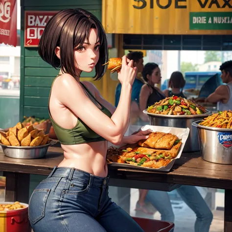 Woman in a tank top and jeans eating a tlayuda at a Mexican street food stall　Big Ass
