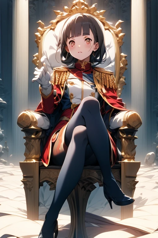 masterpiece, highest quality, Confused, YamashiroRen, Blunt bangs, hair ornaments, uniform, Epaulettes, White gloves, Red Cape, Black Pantyhose, Sitting, Throne, Crossing your legs, 