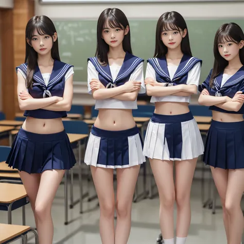 Group of Woman in front of classroom, ((white crop top sailor suit)), blue student skirts, open navel, open belly, (show abdomen...