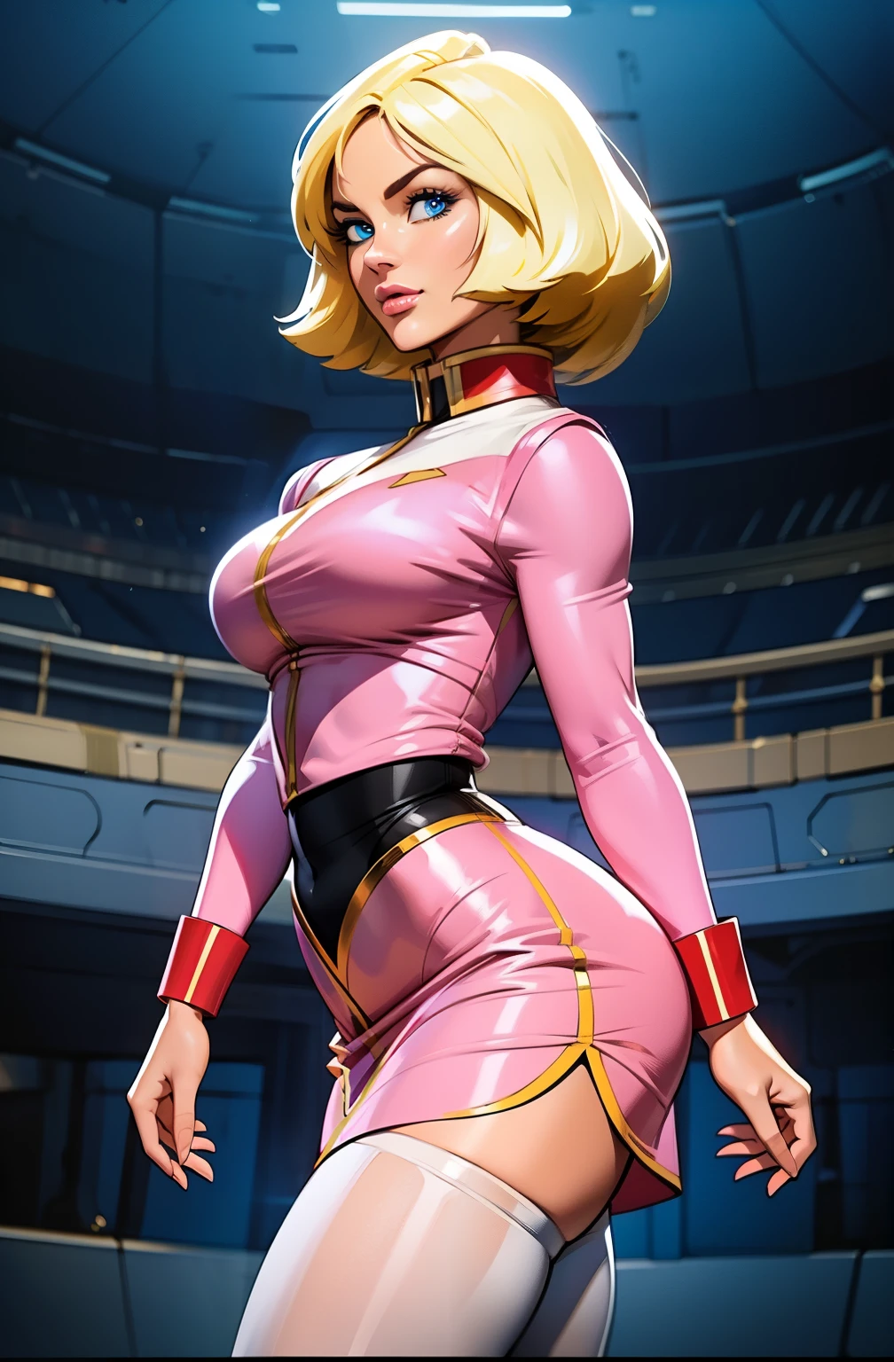 ((masterpiece)), ((cinematic lighting)), realistic photo、Real Images、Top image quality、1girl in, sayla mass, Elegant, masterpiece, Convoluted, slim arms, wide hips, thick thighs, thigh gaps, Best Quality, absurderes, high face detail, Perfect eyes, mature, Cowboy Shot, , Vibrant colors, soft pink uniform, soft pink Skirt, white tights, side view, looking at viewer