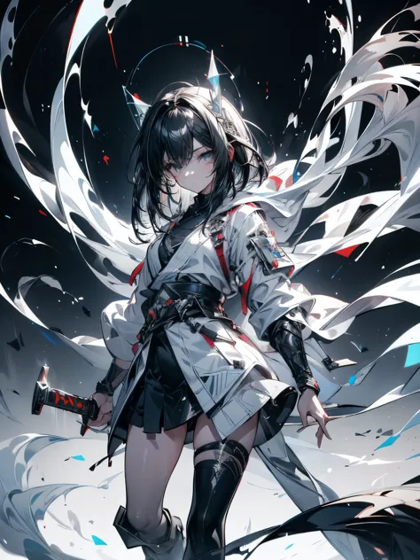 Create Ultra High Definition, Masterpiece quality image with white theme, Featuring a cute anime girl with long black hair in a ...