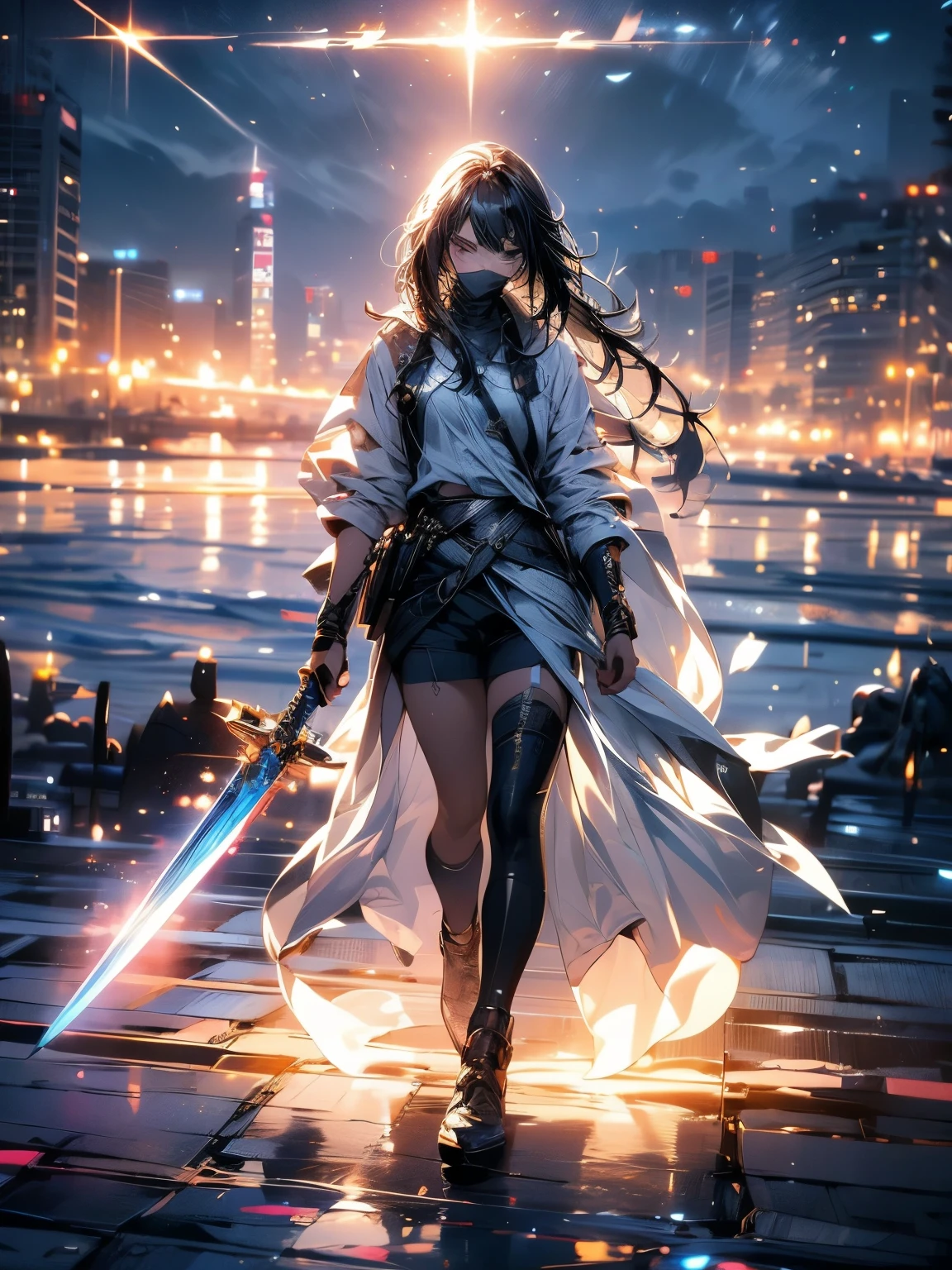 Create Ultra High Definition, Masterpiece quality image with white theme, Featuring a cute anime girl with long black hair in a cool pose, Attack with a high-tech sword. In this scene、A large number of holographic swords appear floating in a circle.。, Each one has countless intricate parts, Set in a predominantly white cyberpunk environment. The scene is enriched with holographic elements and light particles., Emphasizing futuristic and fantastical aesthetics. The image is、Capturing the essence of purity and sophistication with the finest quality and beauty, A super detailed display of a girl and her holographic sword, Super-resolution visuals that highlight the intricate details of a scene.