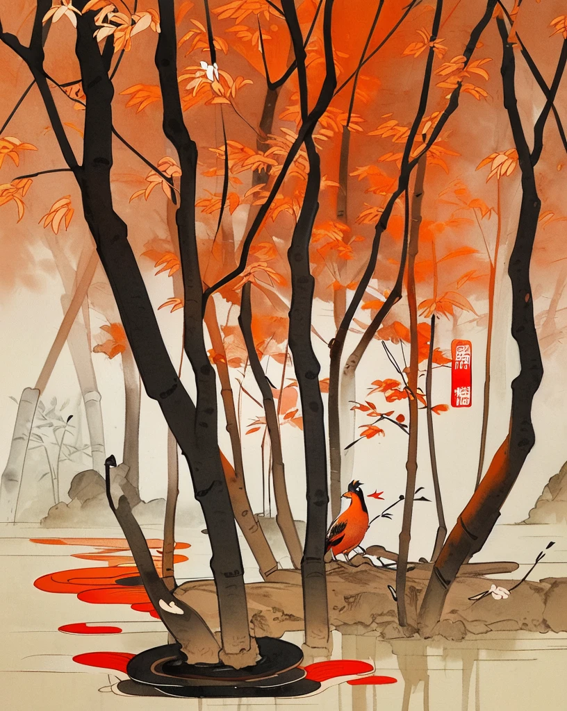 shukezouma, shuimobysim, ((starling)), willow branches, (masterpiece, best quality: 1.2), ((Traditional Chinese ink painting)), model style, bamboo branches, bamboo, wuchangshuo, red, orange, black, fire, starling, bird
