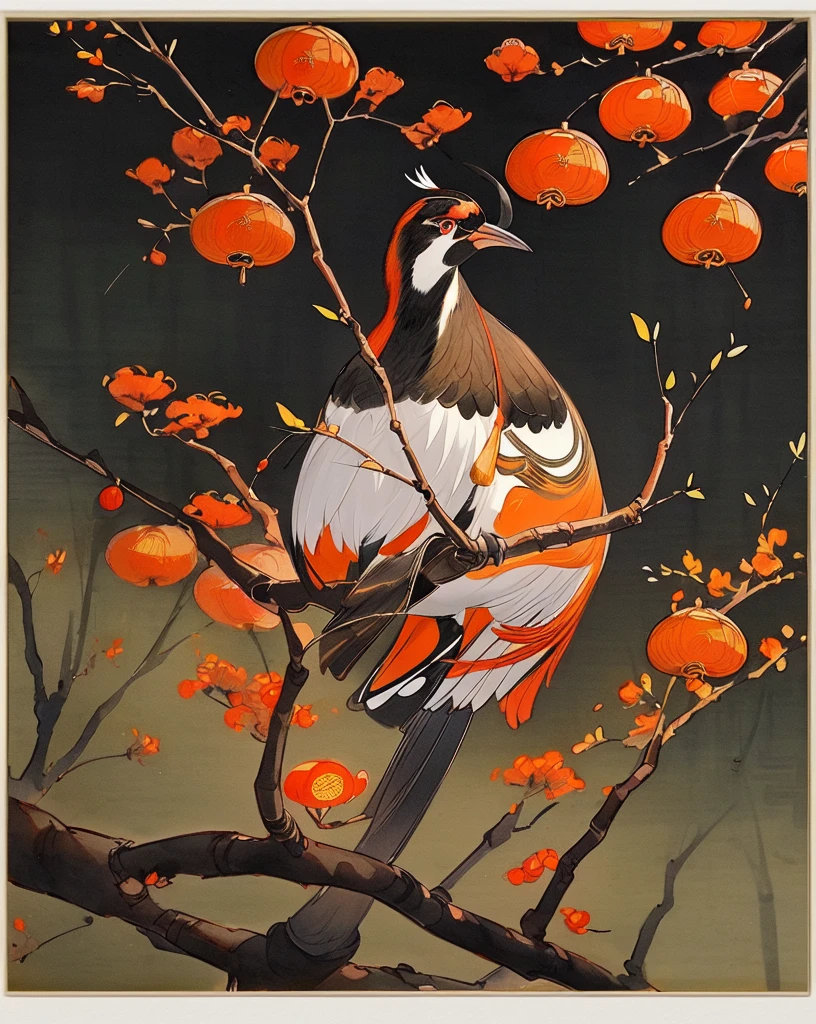 shukezouma, shuimobysim, ((starling)), willow branches, (masterpiece, best quality: 1.2), ((Traditional Chinese ink painting)), model style, bamboo branches, bamboo, wuchangshuo, red, orange, black, fire, starling, bird
