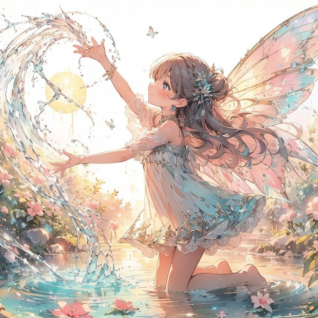 (精美的, 美丽的, 非常详细, 杰作, 高分辨率,高质量,高分辨率),(面容姣好,柔和而纤细的线条: 1.2, 美丽的, 插画细腻生动，成熟清澈) , A 美丽的 fairy princess with fairy wings is playing happily by the water, 浑身湿透, 清晰地, 美丽的 tropical setting.,(美丽的, 透明的仙女翅膀从她的背后长出.), (幸福快乐的笑容), 她戴着珍珠头饰, 耳环, 和颈链, 以及饰有丝带和褶边的淡彩色泳衣., (皮肤白皙, 短眉毛仙女，脸颊淡粉色, 一张没有牙齿的小嘴和丰满的粉红色嘴唇, 美丽的 eyes, 以及相当大的, 蓬松的胸部.),色彩鲜艳夺目,梦幻又奇妙,