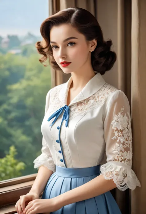 a young woman from the year 1950 wearing white laces (masterpiece, top quality, best quality, official art, beautiful and aesthe...