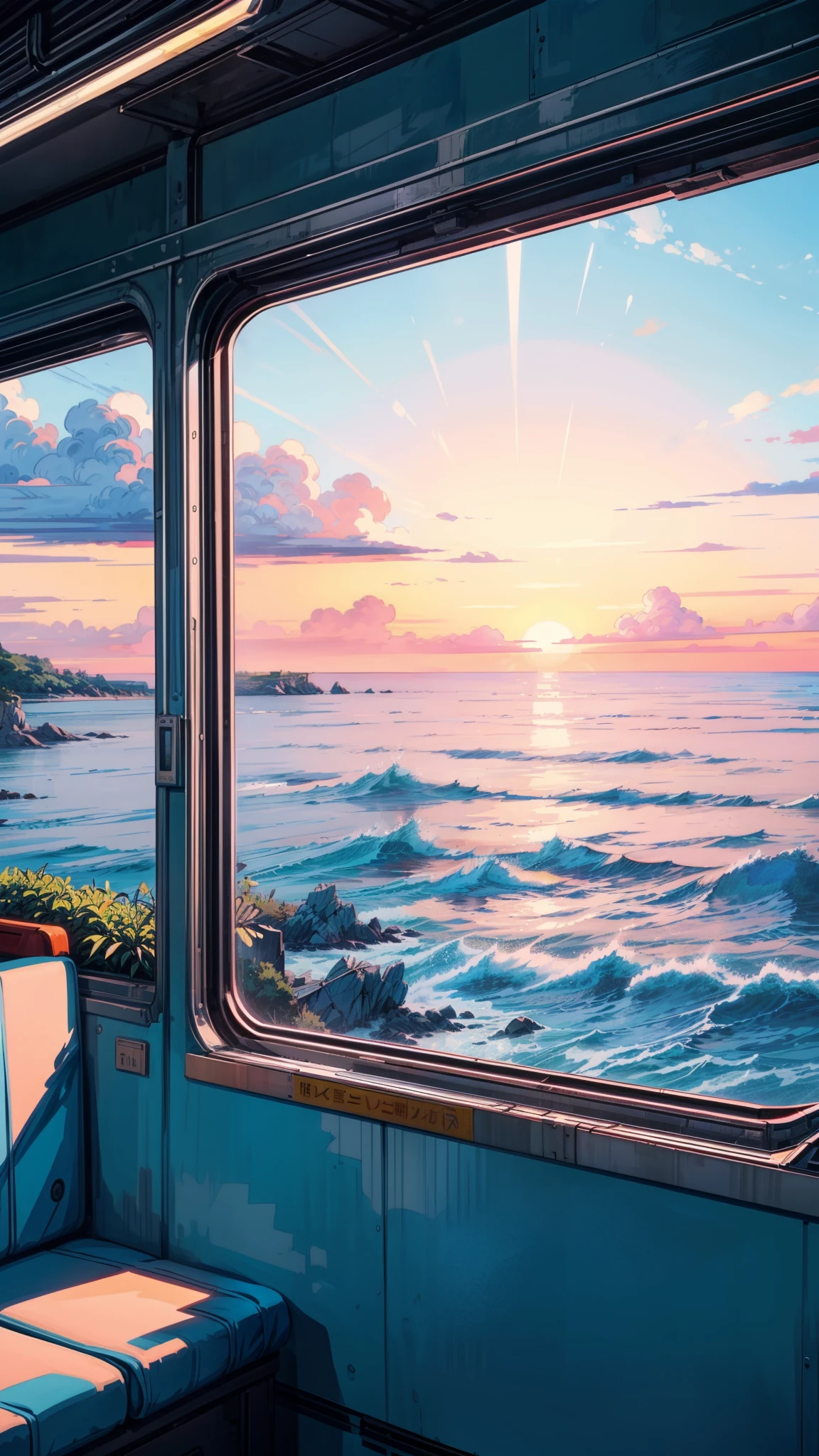 ein Gemälde eines Blicks auf das Meer aus einem Zugfenster, Reflexionen. by Makoto Shinkai, Anime-Serie. by Makoto Shinkai, blaues Meer. by Makoto Shinkai, ( ( Makoto Shinkai ) ), Dampfwellen-Sonnenuntergang, Anime-Serie asthetic, von Hiroshi Nagai, landschaft hintergrundbild ästhetischen, Makoto Shinkai. —h 2160