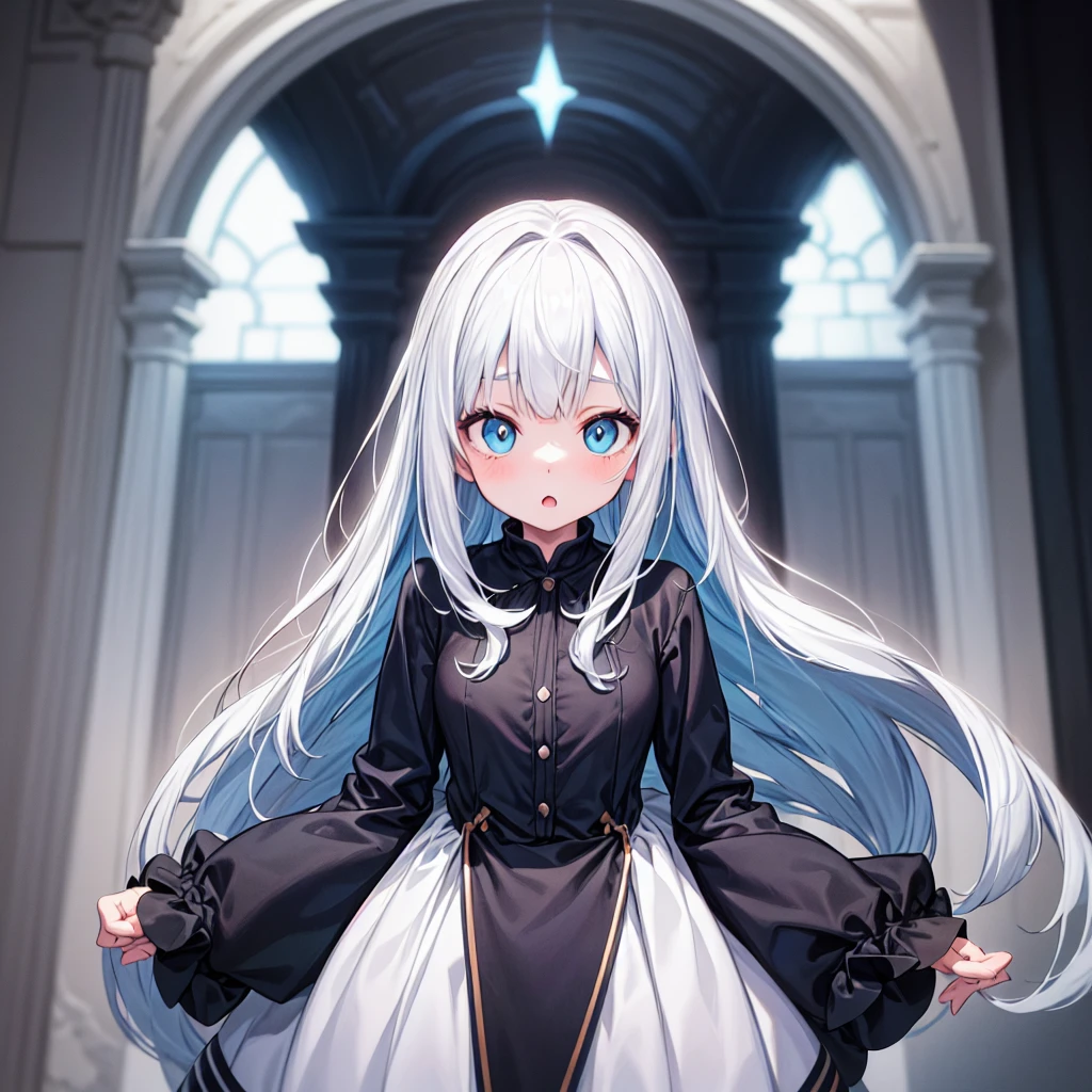 (hlfcol haired girl with color1 and color2 hair)、Straight Long Hair、((White Hair、Light blue hair: 1.Divide into 5))、highest quality、Masterpiece、Official Art、8K、The best composition、Frontal composition facing the viewer、Ultra detailed blue eye、Cowboy Shot、