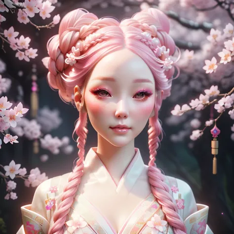 Porcelain woman with, pink hair with braids, lots of Cherry blossoms on her head, white skin with heavy makeup extremely ghostly...