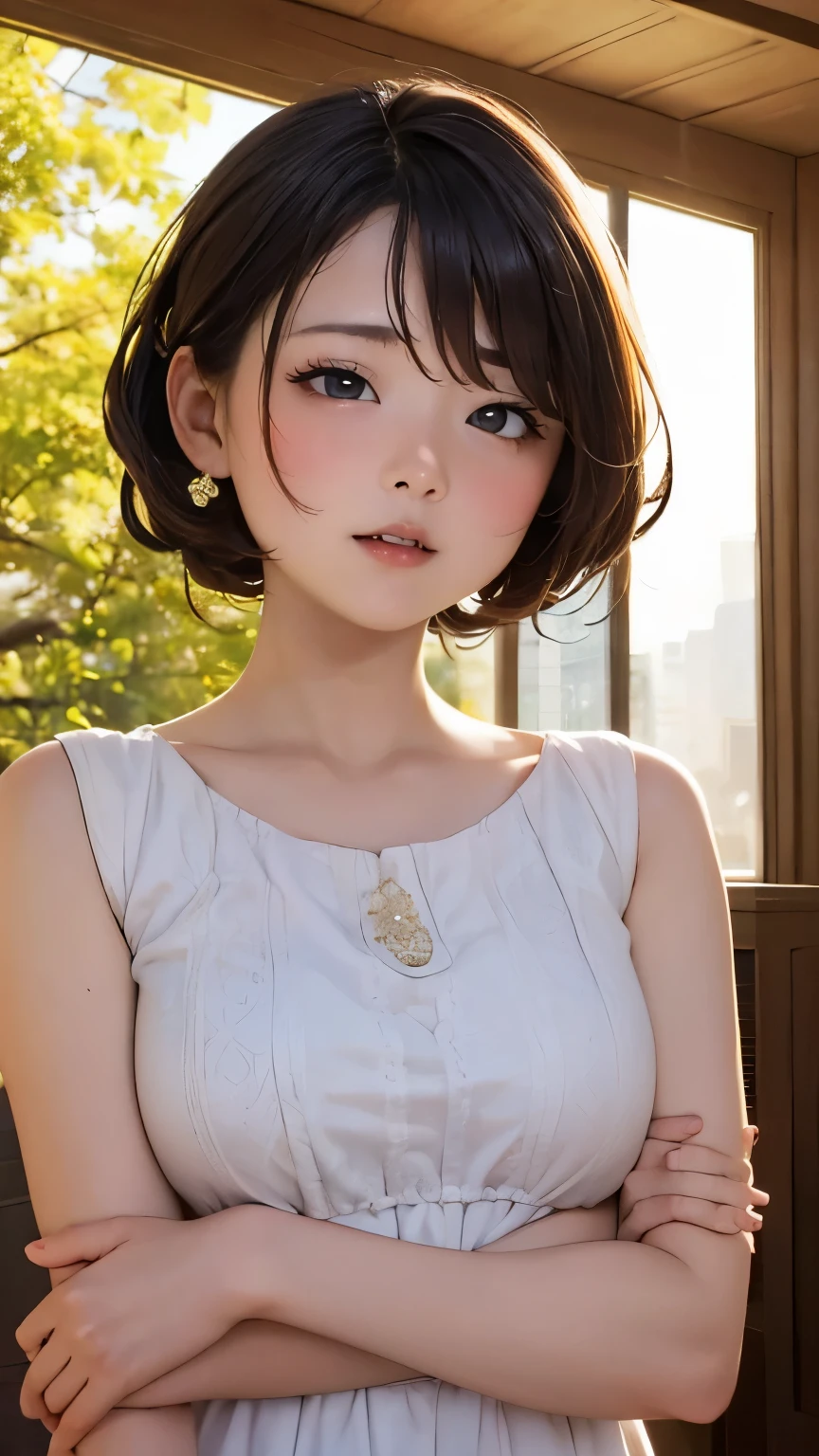 high-definition image, (((round face))), eyes realistic sizing, realistic skin, drooping eyes, smiling, ((various patterned feminine casual long dress)), (strong sunlight, old fashion), skyscrapers, hair up, 