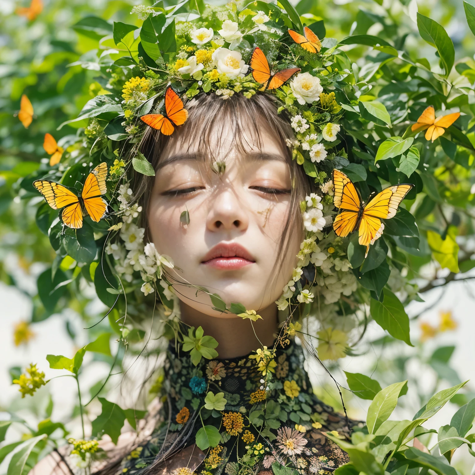 (highest quality、4k、8k、High Resolution、masterpiece:1.2)、Super detailed、(Real、Photorealistic、Photorealistic:1.37)、Plant-human hybrid、Beautifully intertwined、Creation of Nature、Fusion of biology、A blend of organic forms 、exquisite floral pattern、Plant elements combined with human features、Lush greenery enveloping the human form、Vibrant flowers sprout from human limbs、Unity in Diversity、Quietly intertwined、Blooming limbs dancing in the wind、The delicate veins of life flowing through the skin of a flower、Ethereal beauty with a slightly quirky touch、Anthropomorphic Enchanted Garden、Beyond the boundaries between nature and humanity、Celebrating the interconnectedness of all life、Awe-inspiring transformations of flora and fauna、An unexpected union of two disciplines。 media: Digital illustration、Mixed Media Works、Experimental Art Installation Additional Details: A captivating flower crown adorning the head、Ivy vines hanging down the arms and legs、Delicate petals appearing from your fingertips、Roots intertwined with leaf veins、Flowers blooming from an open mouth、Leaves that reflect the world - Human body shape、Leaves enveloping the body、Butterfly wings growing from shoulder blades、Bioluminescent mushrooms that illuminate their surroundings、Pollen floating in the air、A fantastic atmosphere、An otherworldly energy radiates from the hybrid form.、Dappled sunlight filtering through the trees and the dense foliage casting mesmerizing shadows on the ground.。 Artistic style: Surrealism、Botanical realism、Modern fantasy、Magical Realism、Fantastic beauty、dream-like、Unusual color palette: Brilliant green、Soft pastels、Warm earth tones、Pop vibrant floral pattern、A gentle gradient from light to dark、A harmonious blend of natural shades 、Iridescent lighting creates an otherworldly glow：Soft and diffused sunlight、Dappled Shadow、Glowing bioluminescence、Warm golden glow、Illuminating the interplay between plants and the human form