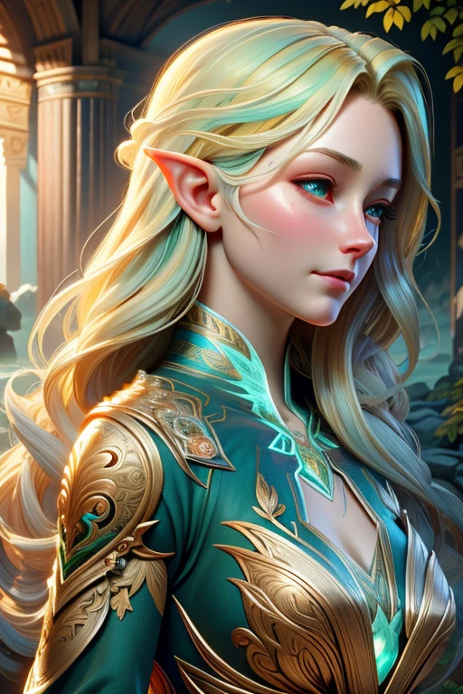 an ultra detailed dynamic digital painting in the anime style of charlie bowater, artgerm and loish, portrait, a queen of elves and a big wolf, glow, backlit, rim lighting, greens, blues, whites, pearlescent, opalescent