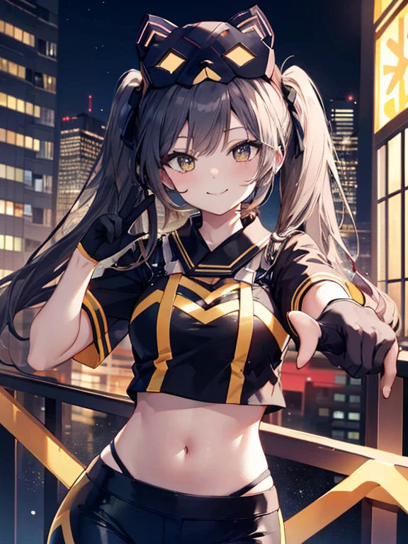 One Girl, (Chiquita:1.2), IP1, One Girl, (Cat mask, Crop top, Tight pants, Twin tails, Short sleeve, gloves), 
(Close-up shot, highest quality, High resolution, 4K, Detailed lighting, Shaders, Browsing Caution), 

smile,
Dynamic pose, 
Skyscraper, night, 
View your viewers,