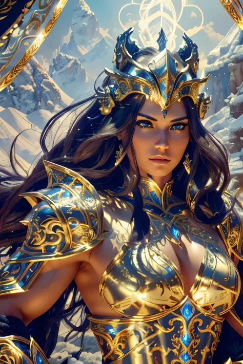 (highres:1.2),detailed face,strong and determined expression,beautiful and fierce eyes,long flowing hair,fantasy warrior,elaborate armor,ornate helmet,tall and muscular physique,glowing magical symbols,heroic pose,majestic background,fine details on the sw...