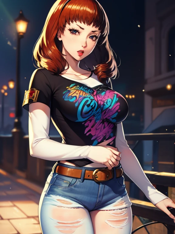 Célica FE, 1fille, seulement, debout, T-shirt noir, chemise blanche, Blue Jeans, ceinture, rouge à lèvres, gros seins, manches superposées, court sur manches longues
