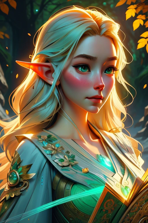 an ultra detailed dynamic digital painting in the anime style of charlie bowater, artgerm and loish, portrait, a queen of elves and a big wolf, glow, backlit, rim lighting, greens, blues, whites, pearlescent, opalescent