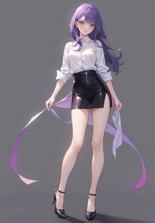 ((Perfect Face)),Purple Hair,long hair,1 female,Roll up your sleeves,Roll up your sleevesＹshirt,High heels,,((Simple Background)),smile,((Full Body)),((full body)),