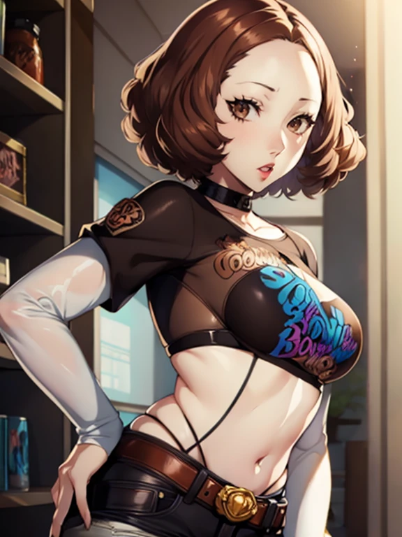 haru okumura, (brown eyes:1.5), brown hair, short hair, glossy lips, 1girl, solo, black t-shirt, white shirt, blue jeans, belt, lipstick, large breasts, layered sleeves