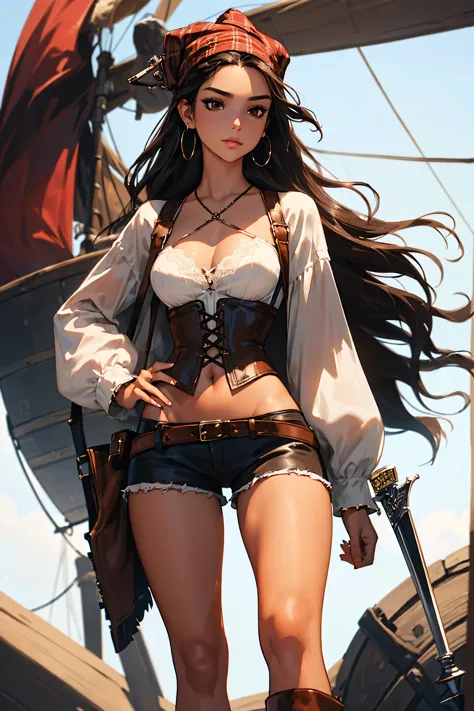 (masterpiece), best quality, expressive eyes, perfect face, (pirate ship background), (standing), (smirk, cocky, makeup, pornsta...