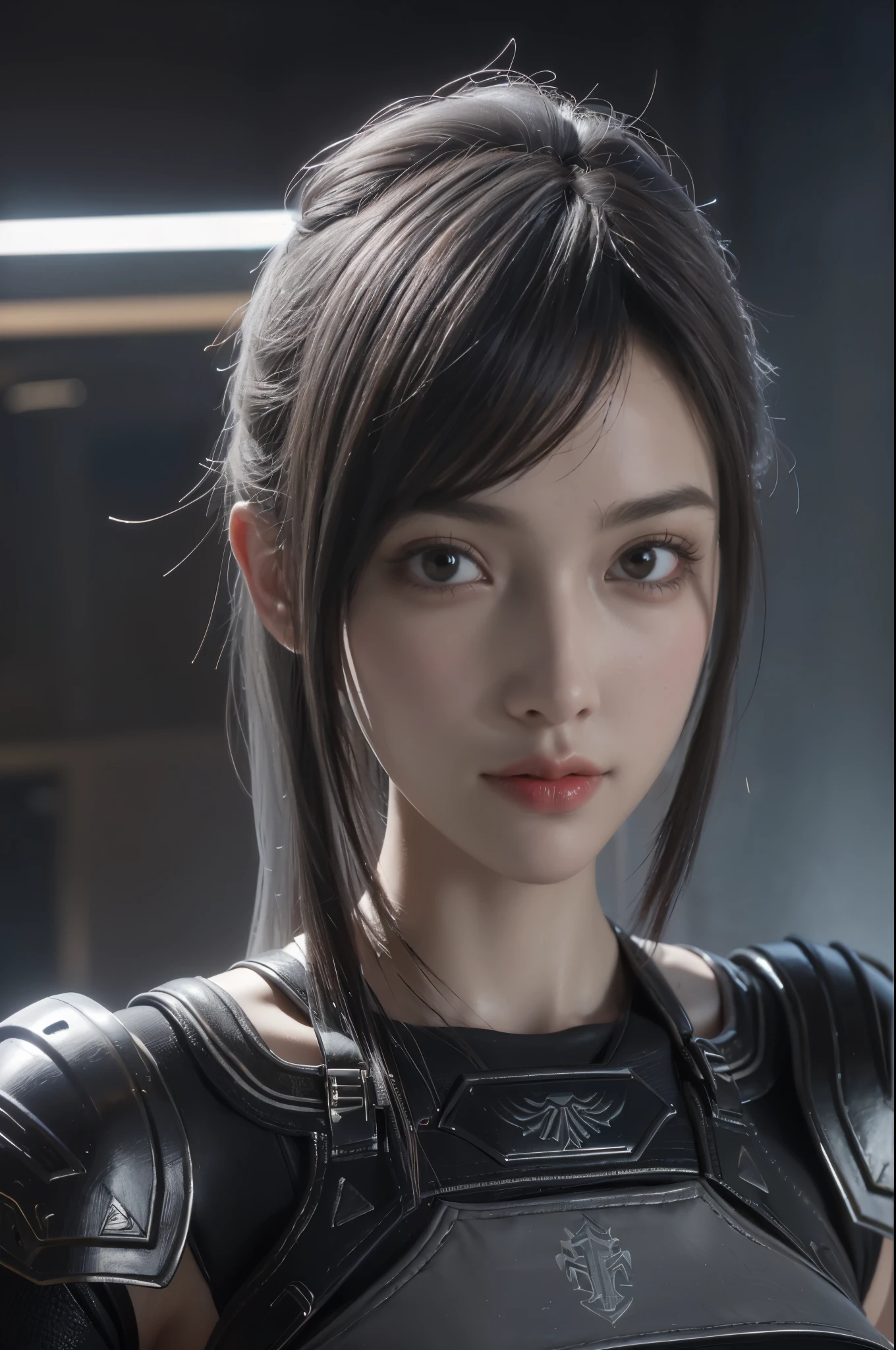 masterpiece,Game Art,Best picture quality,Maximum resolution,8k,(portrait),Unreal Engine 5 rendering works,(Digital Photography),((portrait Feature:1.5)), 20 year old girl,Short hair details,Long bangs,(The red eye makeup is carefully applied),(With long gray hair:1.4),(Large target, plump breasts),Elegance and nobility,Brave and charming, (The future armor combines the characteristics of Chinese armor,hollow-carved design,Power Armor,Mysterious oriental runes,Exquisite clothing patterns,Magic Flash),Future Warrior,Cyberpunk Characters,War Background, light，Ray Tracing，Game CG，((3D Unreal Engine))，OC rendering reflection mode