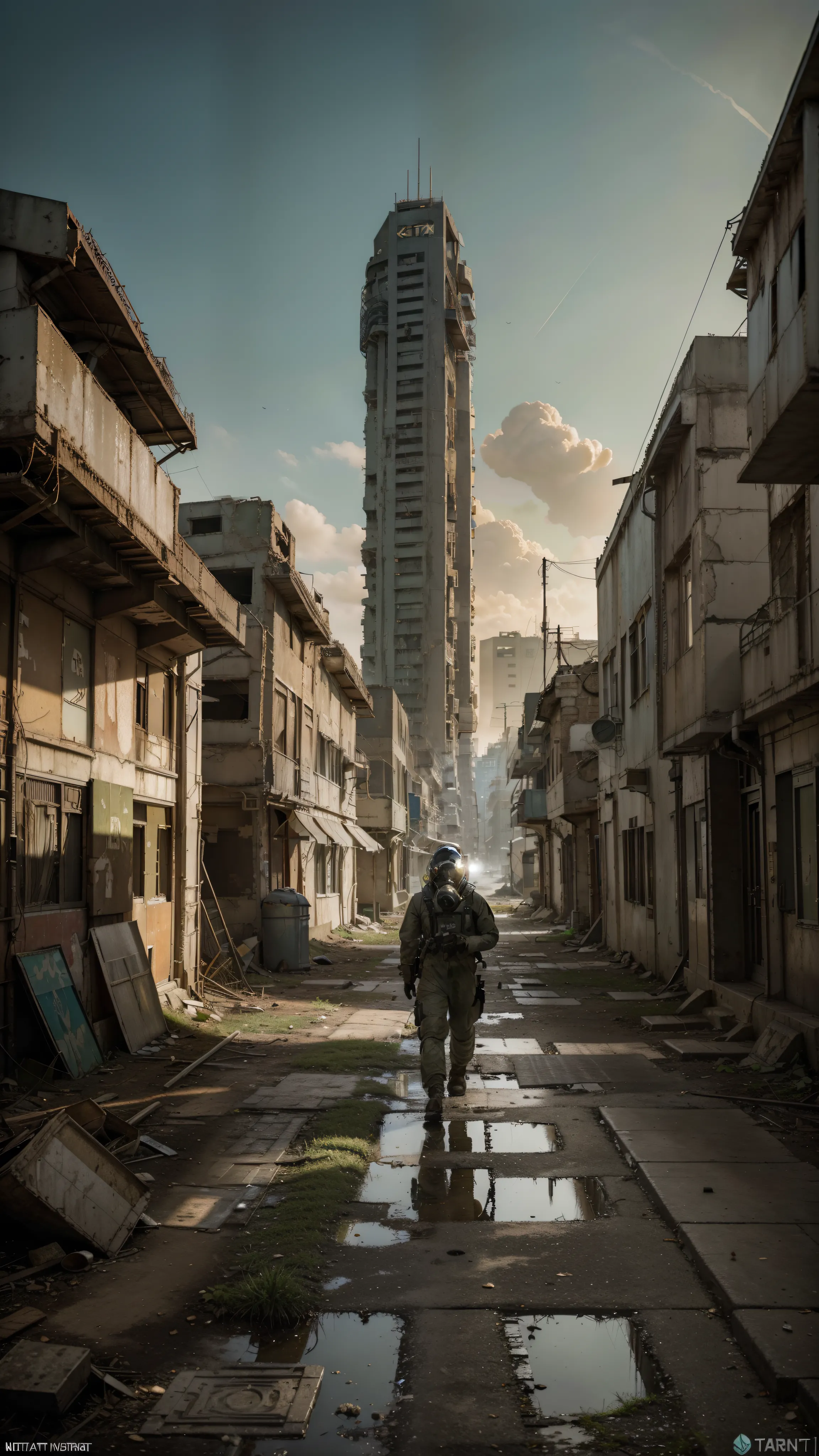 (Ultra detailed, Masterpiece, Best quality, Very Detailed CG Unit 8K Wallpaper)
A solitary figure, a man clad in a hazmat gas mask suit, ventures through an abandoned city, illuminated by the eerie glow of the polluted, greenish sky dawn. A neglected landscape of crumbling buildings and desolate roads serves as a stark reminder of a bygone era, with small growths of tiny, shiny fungi, roots, and spores emerging from the ruins, tainted by the polluted air. The stylized wallpaper encapsulates a concept art-esque post-apocalyptic scene, characterized by its cin