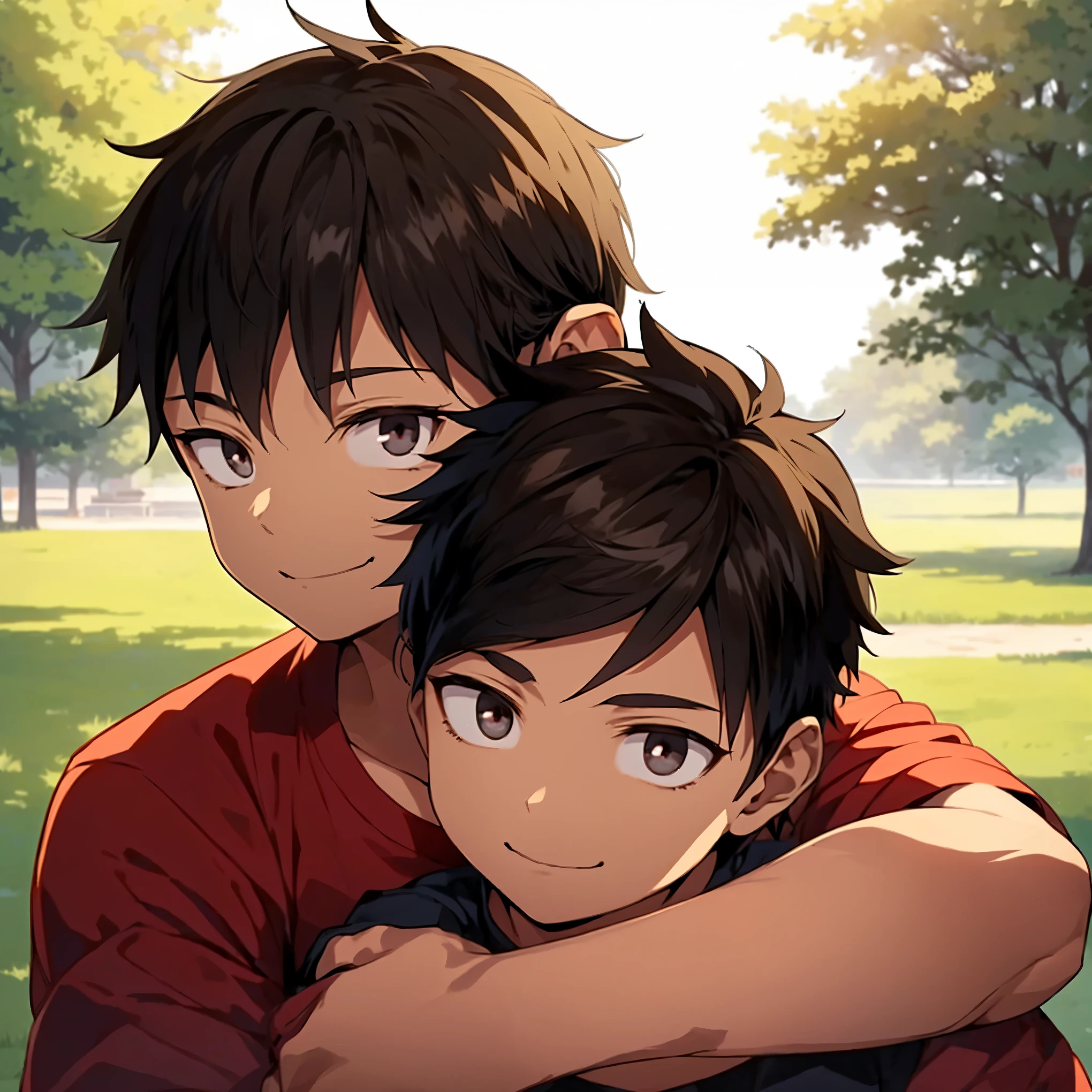 2 boy,black hair and brown hair,hug from behind,looking at viewer,smile,(detailed eyes),detailed skin,(masterpiece,best quality:1.4),Top Quality,High quality,Ultra detailed,insanely detailed,anime style