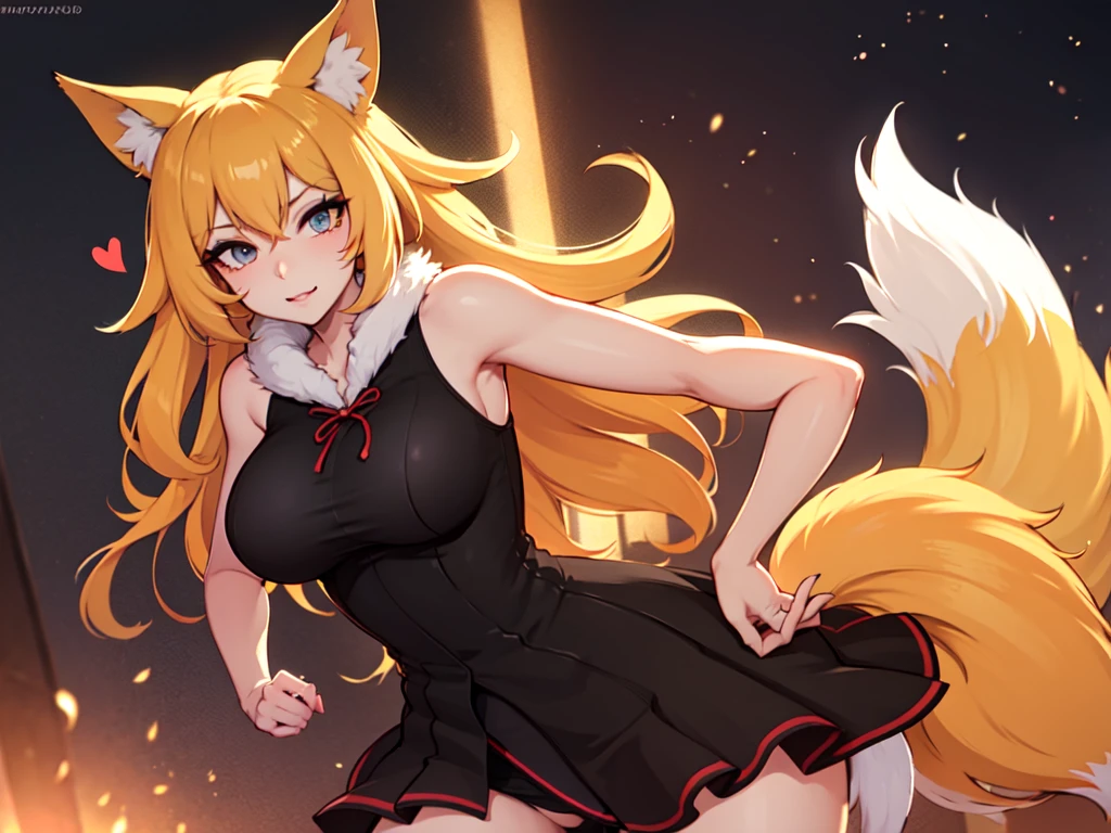 best quality, masterpiece, high resolution, CG, 1 Girl, Animal ears, Tail, Fox ears, Solitary, fox Tail, Large Breasts, High Leg Raise, Blonde hair, multiple Tails, large breasts, Heart, Long hair, Hands on Hips, cleveage, black High Leg Raise, Looking at the audience, Bare shoulders, Facial Tagging, skirt,, nail, underwear, Alternative clothing, Fox Girl, light, frank, photo, high resolution, 4K, 8k, Bokeh, Upper Body