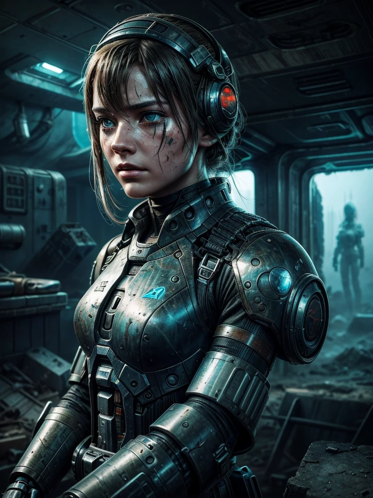 
Parameters

Prompt: A stranded female Cyborg Soldier in an abandoned Battle Starship Shipwreck, dystopian futuristic scene, realistic style in Don Lawrence brush stroke, oil on canvas, octane render with dramatic lighting and strong shadows, her clothing is tattered and worn out, she has a scar or battle wound, she is wearing a futuristic helmet or visor, she has mechanical enhancements like cybernetic eyes, the shipwreck environment feels eerie and desolate, there is some broken machinery or equipment around her, and her expression is determined and battle-worn