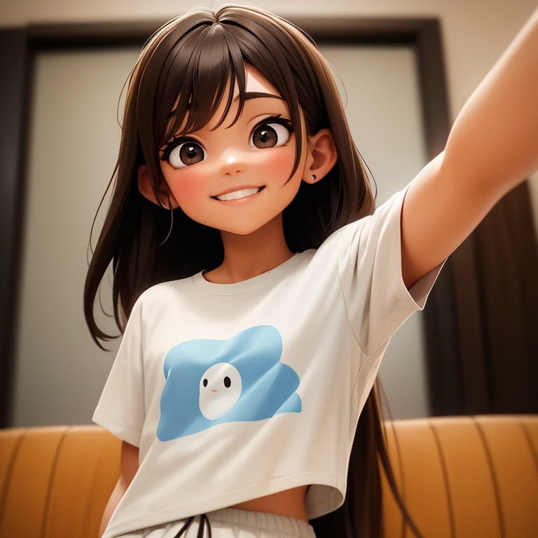 high resolution、high quality、Hair is straight、Brown and long、Aiko-chan with big eyes、smile、Wearing a white T-shirt、20-year-old