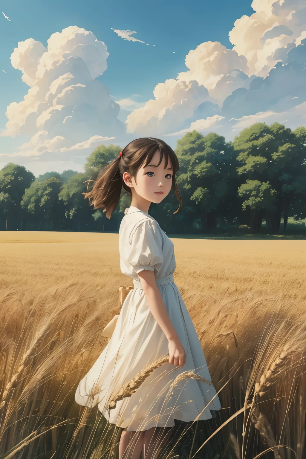 (obra de arte), melhor qualidade, menina em um campo de trigo, vista de baixo, ouvidos, joaninha, Nuvens, céu azul, paisagem rural, estilo estúdio ghibli.