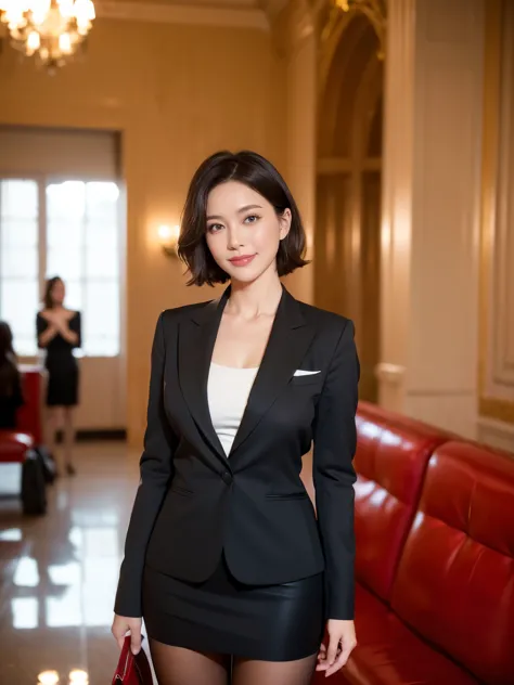 masterpiece,highest quality, (Mature Woman、30 years old),  Glare, （Light grey blazer:1.6）, （White ruffled blouse：1.5）, （Black pe...