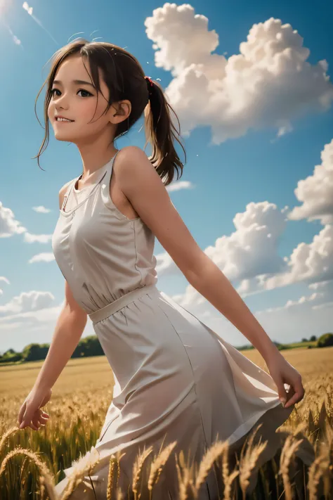 (masterpiece), best quality, girl in a wheat field, bottom view, ears, ladybug, clouds, blue sky, countryside landscape, studio ...