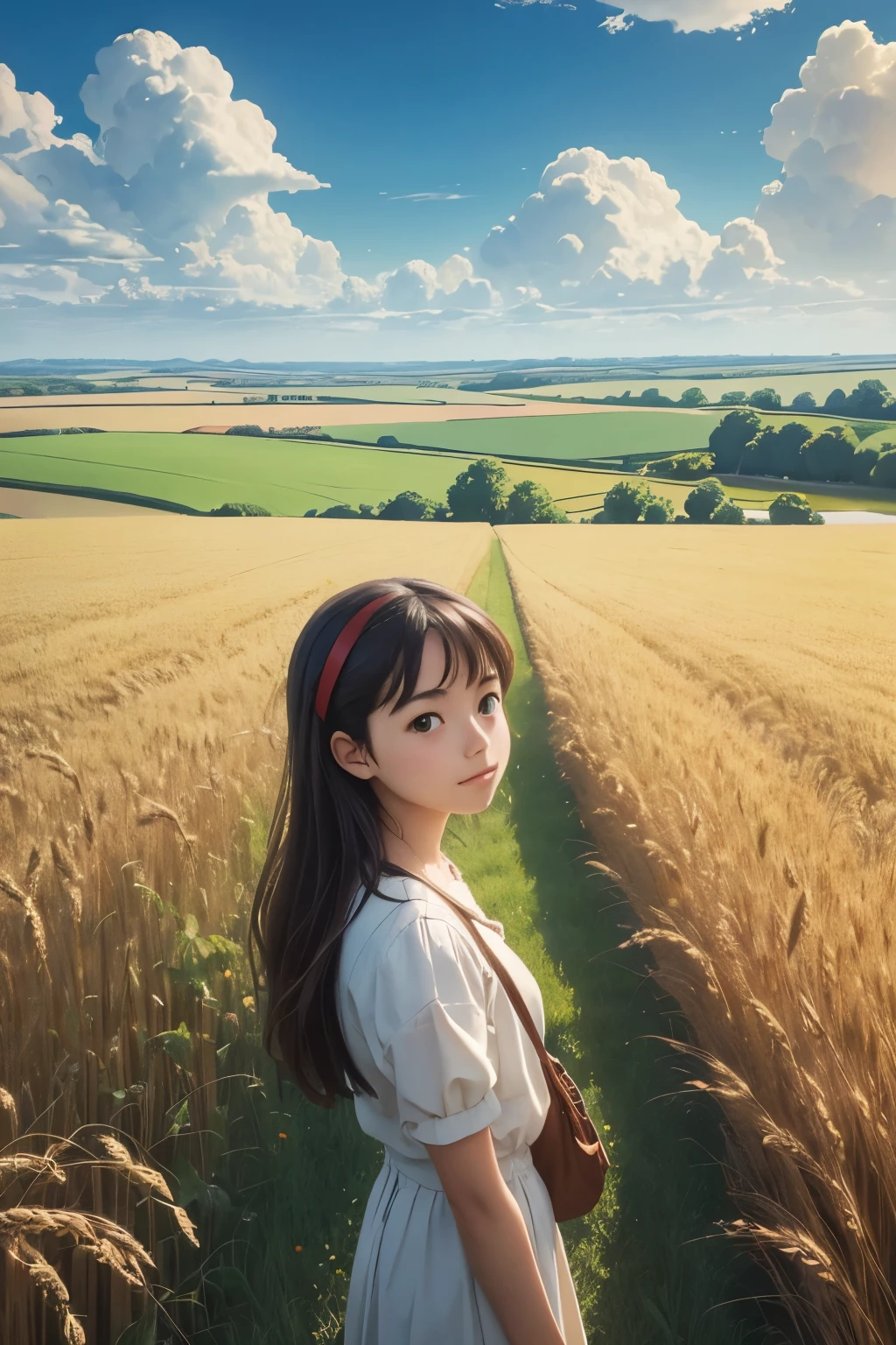 (obra de arte), melhor qualidade, menina em um campo de trigo, vista de baixo, ouvidos, joaninha, Nuvens, céu azul, paisagem rural, estilo estúdio ghibli.