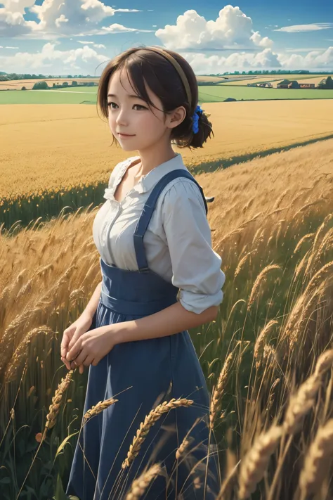 (masterpiece), best quality, girl in a wheat field, bottom view, ears, ladybug, clouds, blue sky, countryside landscape, studio ...