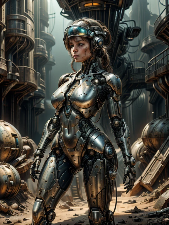 A stranded female Cyborg Soldier in an abandoned Battle Starship Shipwreck, metal cable wire, circuit cables, dystopian futuristic scene, realistic style in Don Lawrence brush stroke, oil on canvas, octane render with dramatic lighting and strong shadows, her clothing is tattered and worn out, she has a scar or battle wound, she is wearing a futuristic helmet or visor, she has mechanical enhancements like cybernetic eyes, the shipwreck environment feels eerie and desolate, there is some broken machinery or equipment around her, and her expression is determined and battle-worn
