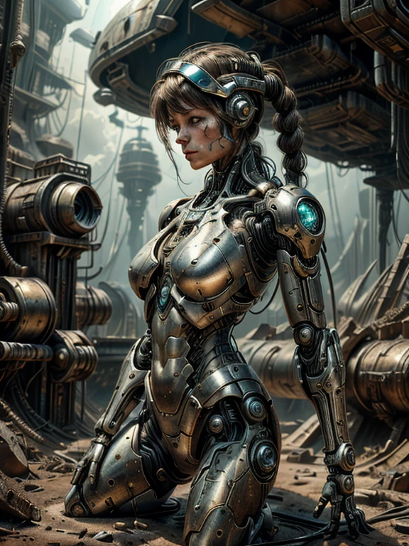 Una soldado cyborg varada en un naufragio de una nave espacial de batalla abandonada, alambre de metal, circuit cables, escena futurista distópica, estilo realista en la pincelada de Don Lawrence, óleo sobre lienzo, renderizado de octanaje con iluminación espectacular y sombras fuertes, su ropa está hecha jirones y gastada, ella tiene una cicatriz o herida de batalla, ella lleva un casco o visera futurista, ella tiene mejoras mecánicas como ojos cibernéticos, el ambiente del naufragio se siente inquietante y desolado, hay alguna maquinaria o equipo roto a su alrededor, Y su expresión es decidida y desgastada por la batalla.