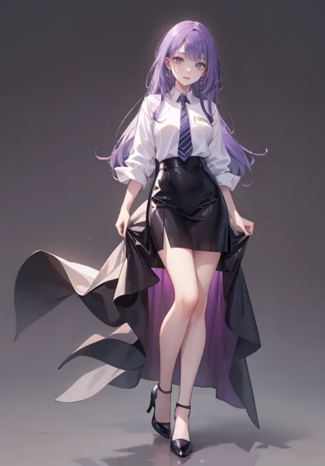 ((perfect face)),purple hair,long hair,1 female,roll up your sleeves,roll up your sleevesｙshirt,high heels,,((simple background)...