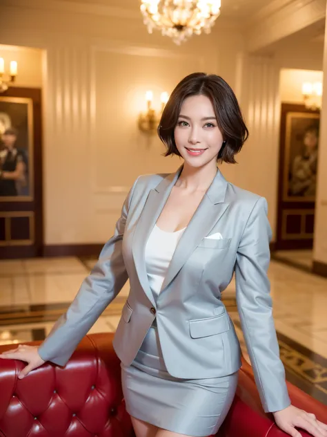 masterpiece,highest quality, (Mature Woman、30 years old),  Glare, （Light grey blazer:1.6）, （White ruffled blouse：1.5）, （White pe...