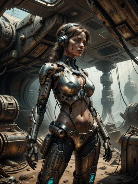 A stranded female Cyborg Soldier in an abandoned Battle Starship Shipwreck, metal cable wire, circuit cables, dystopian futurist...