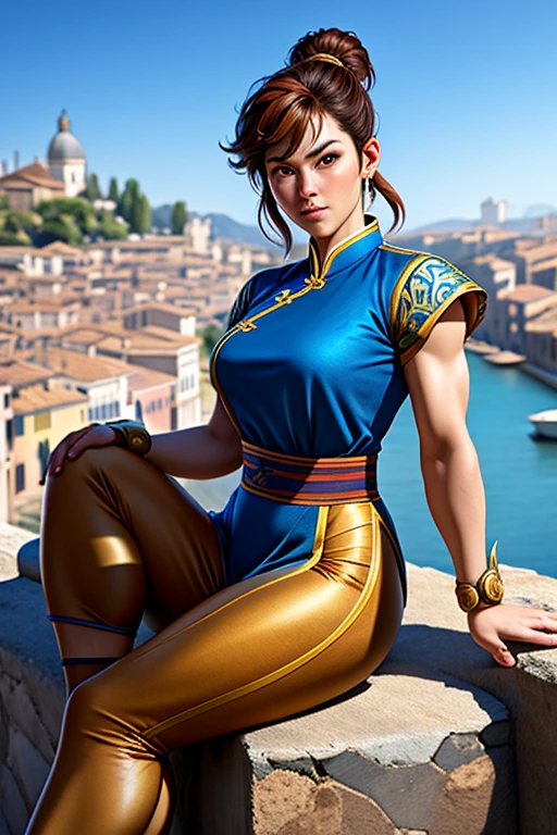 Beautiful woman, chun li, brown hair, in blue yellow blouse and pants, sitting on a mountainside, looking at the city like Venice, watercolor, popular on artstation, sharp focus, studio photo, intricate details, high detail, by Greg Rutkowski