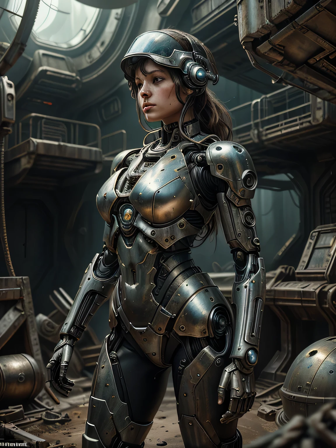 A stranded fully armored female Cyborg Soldier in an abandoned Battle Starship Shipwreck, metal cable wire, circuit cables, dystopian futuristic scene, realistic style in Don Lawrence brush stroke, oil on canvas, octane render with dramatic lighting and strong shadows, her clothing is tattered and worn out, she has a scar or battle wound, she is wearing a futuristic helmet or visor, she has mechanical enhancements like cybernetic eyes, the shipwreck environment feels eerie and desolate, there is some broken machinery or equipment around her, and her expression is determined and battle-worn