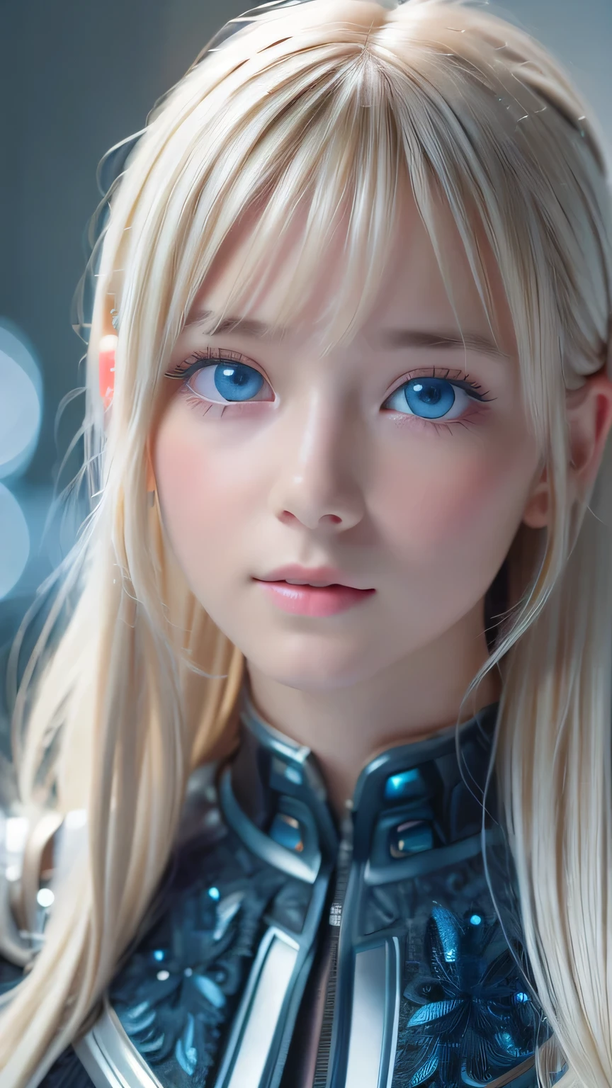 highest quality、8k Masterpiece、Ultra-high resolution、(Realistic:1.3)、RAW Photos、14 year old Scandinavian girl with shiny blonde hair、Silvery blonde hair、Super long straight hair、Bangs between the eyes、Bangs that cover the eyes、片Bangs that cover the eyes、Bangs between the eyes、White and glowing skin、1. Cyberpunk Super Beautiful Soldier、((Ultra-Realistic Details))、Portraiture、Global Illumination、Shadow Realm、Octane Rendering、8k、Ultra Sharp、Metal、Cool colors、、Very intricate detail、Realistic Light、Trends of the CG Association、so beautiful, Big bright blue eyes、Very big eyes、Eyes shining at the camera、Neon Details、Small Face Beauty、Round face、Cheek highlight