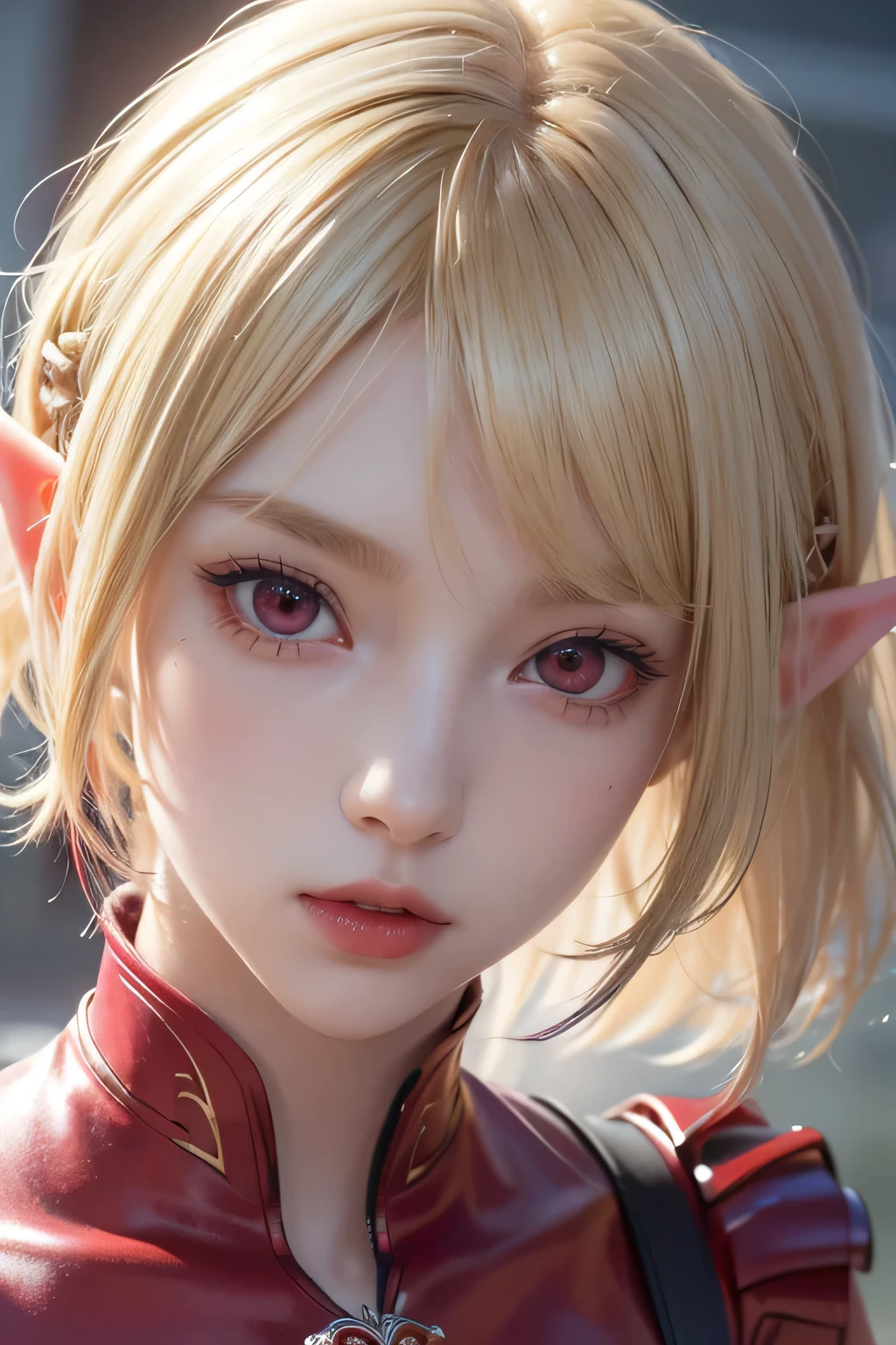absurdres, (8k, RAW photo, best quality), masterpiece, hyper detailed, perfection, best quality, photo-realistic, (((1girl:1.2))), (((blond girl))), (((solo:1.2))), elf, elf ears, (((blond shortcut hair))), (((burgundy ends of hair))), (((watery scarlet red eyes))), (slanted red eyes, tsurime), blond eyebrows, (hair ornament), (portrait:1.34), face shot, full-length:1.5, (((fashion model pose))), at schoolyard, daylight, amazing shadow, close-up, ((red watery eyes)), (((face close-up))):1.4, hair ornament, black battle suit