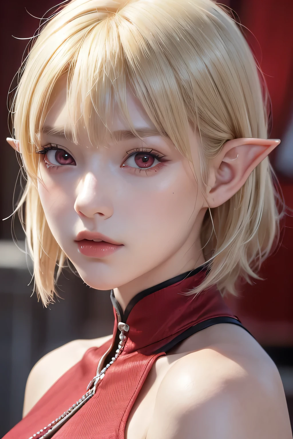 absurdres, (8k, RAW photo, best quality), masterpiece, hyper detailed, perfection, best quality, photo-realistic, (((1girl:1.2))), (((blond girl))), (((solo:1.2))), elf, elf ears, (((blond shortcut hair))), (((burgundy ends of hair))), (((scarlet red eyes))), (slanted red eyes, tsurime), blond eyebrows, (hair ornament), (portrait:1.34), face shot, full-length:1.5, (((fashion model pose))), at schoolyard, daylight, amazing shadow, close-up, ((red watery eyes)), (((face close-up))):1.4, hair ornament, black battle suit