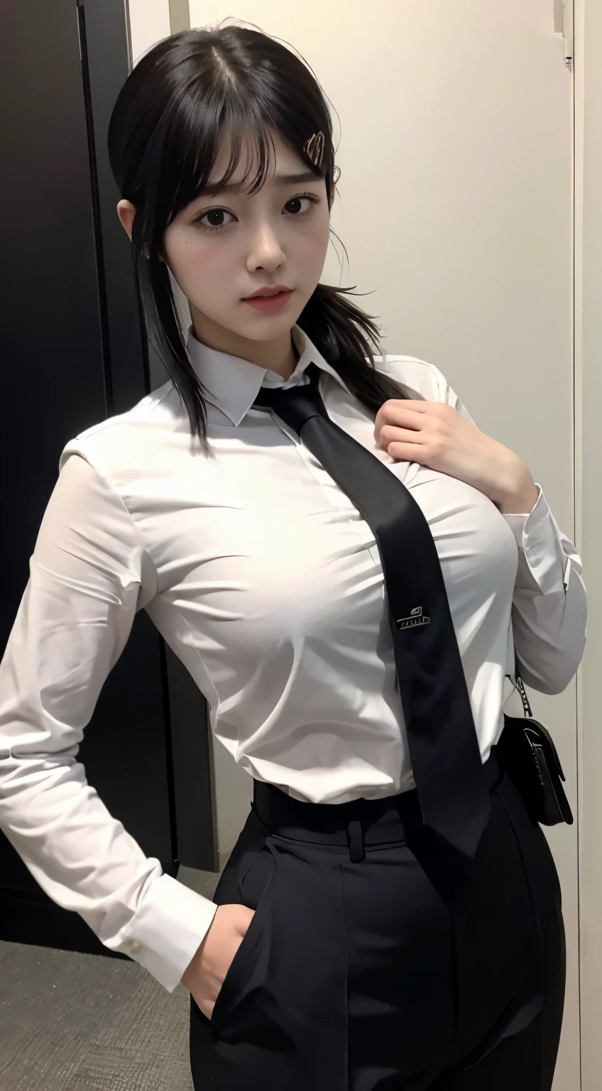 Woman wearing a white shirt and black tie posing for a picture - SeaArt AI