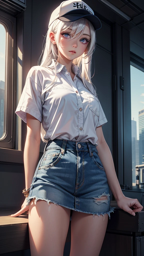 masterpiece, best quality, 4k, UHD, mishoujo, beautiful eyes and detailed face, illustration, beautiful detailed, high resolution illustration, glowing_white_particles, 1girl, white hair, light purple eye, hair over one eye, short side tail, baseball cap, expressionless, black denim shirt and denim mini skirt, morning cyberpunk city, standing by the window sill 