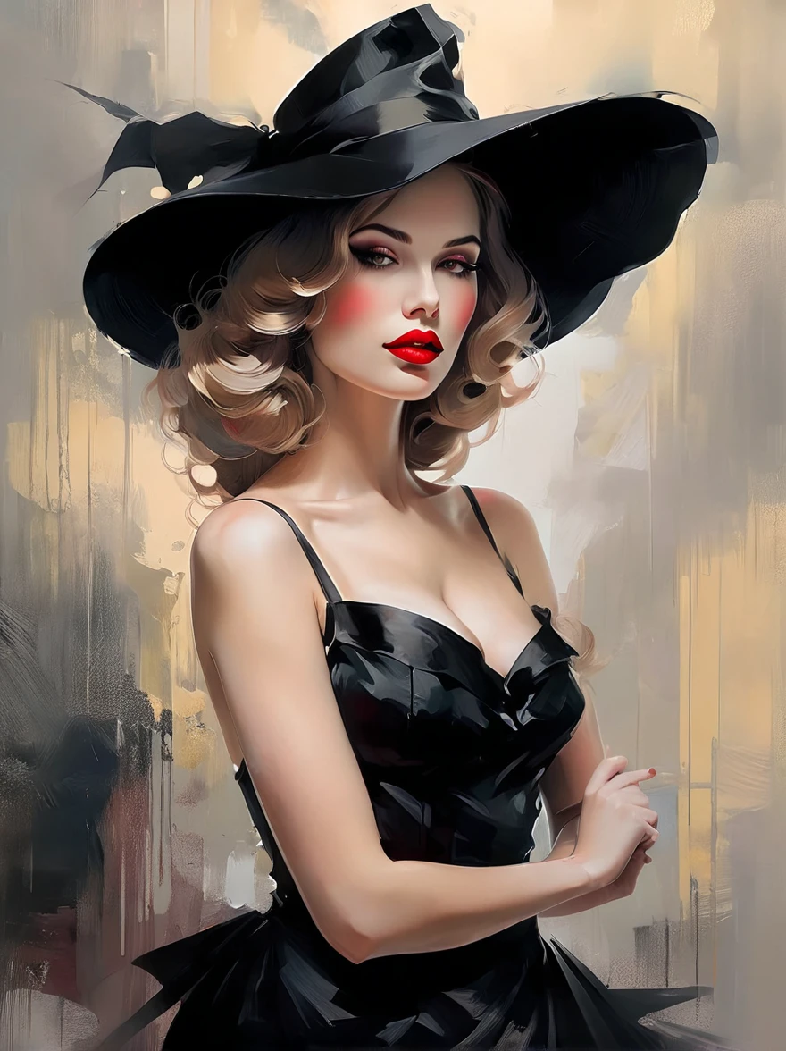 chiaroscuro technique on  illustration of an elegant , retro and vintage ,arafed woman with red lips and a black hat posing for a picture, wearing black dress and hat, sexy lips :5 stylish, sexy face with full makeup, by Wayne England, thick red lips, beautiful witch with long hair, sexy red lips, wearing black old dress and hat, mysterious glamour, matte painting, by Hannah Dale, by Harumi Hironaka, extremely soft colors, vibrant, pastel, highly detailed, digital artwork, high contrast, dramatic, refined, tonal, golden ratio