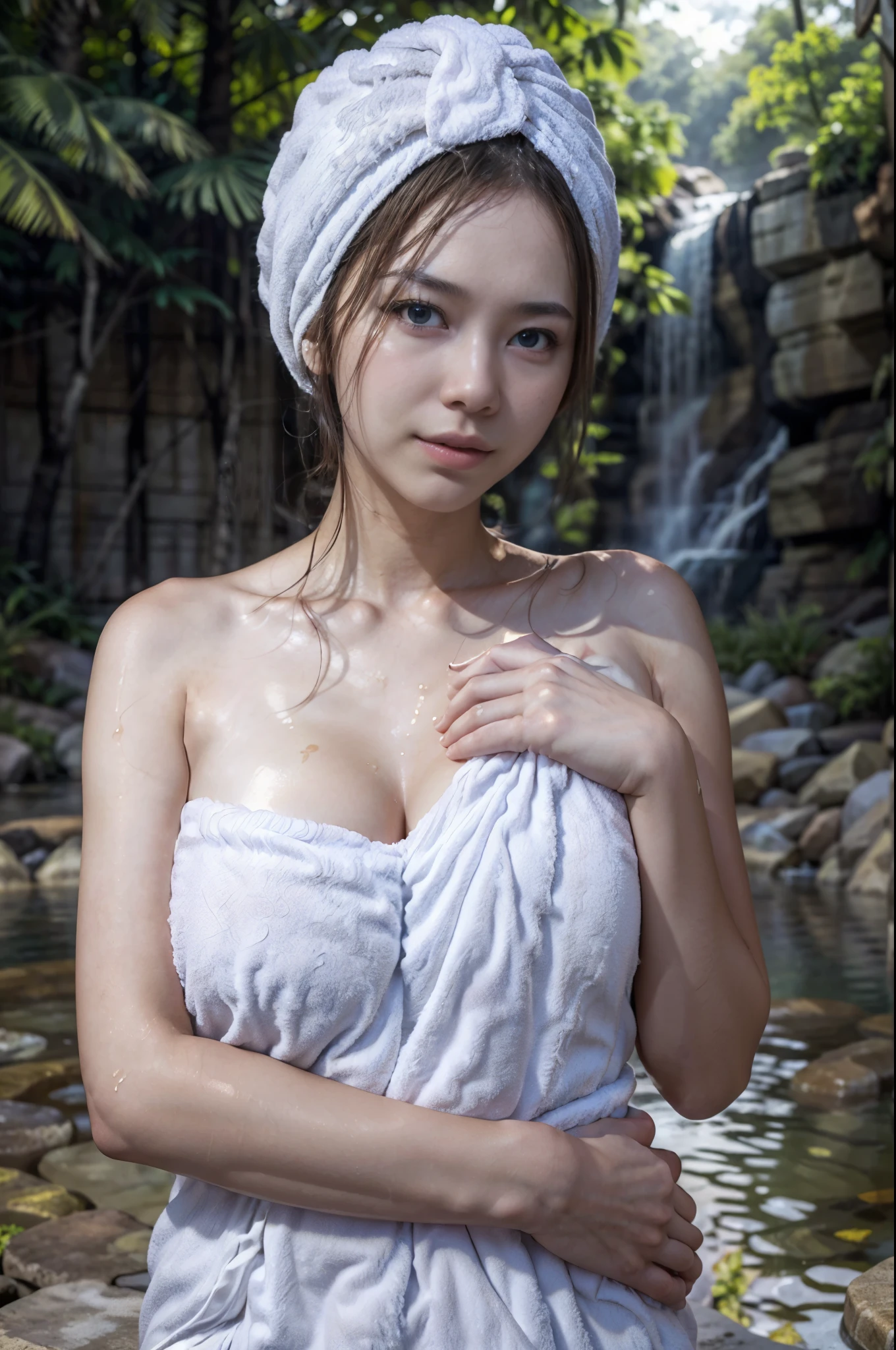 Photorealistic, (half body:1.3, exposed face), wide angle, (seen from foward:1.2), in frame, a japanese young woman, ((breast wrapped by white towel:1.2), cleavage:1.3), a hyperrealistic beautiful young girls with blue eyes, (natural droopy breast, it's huge and soft), high detailed official artwork, beautiful girls with ((slim body:1.2), (busty posture:1.2))), attractive young woman, (atractive poses:1.3), ((deep soaking:1.2), in the hot water on the (hot springs:1.2), surrounded by waterfall, natural forest background, dubnitskiy david fanart, realistic portrait, smooth photorealistic, perfect visual of a cute girls, cute girls with skinice soft face, face focus, short blond hair,  makoto shinkai and artgerm, photon mapping, natural light, warm color tones, vivid colors, cool ambient, foggy atmosphere