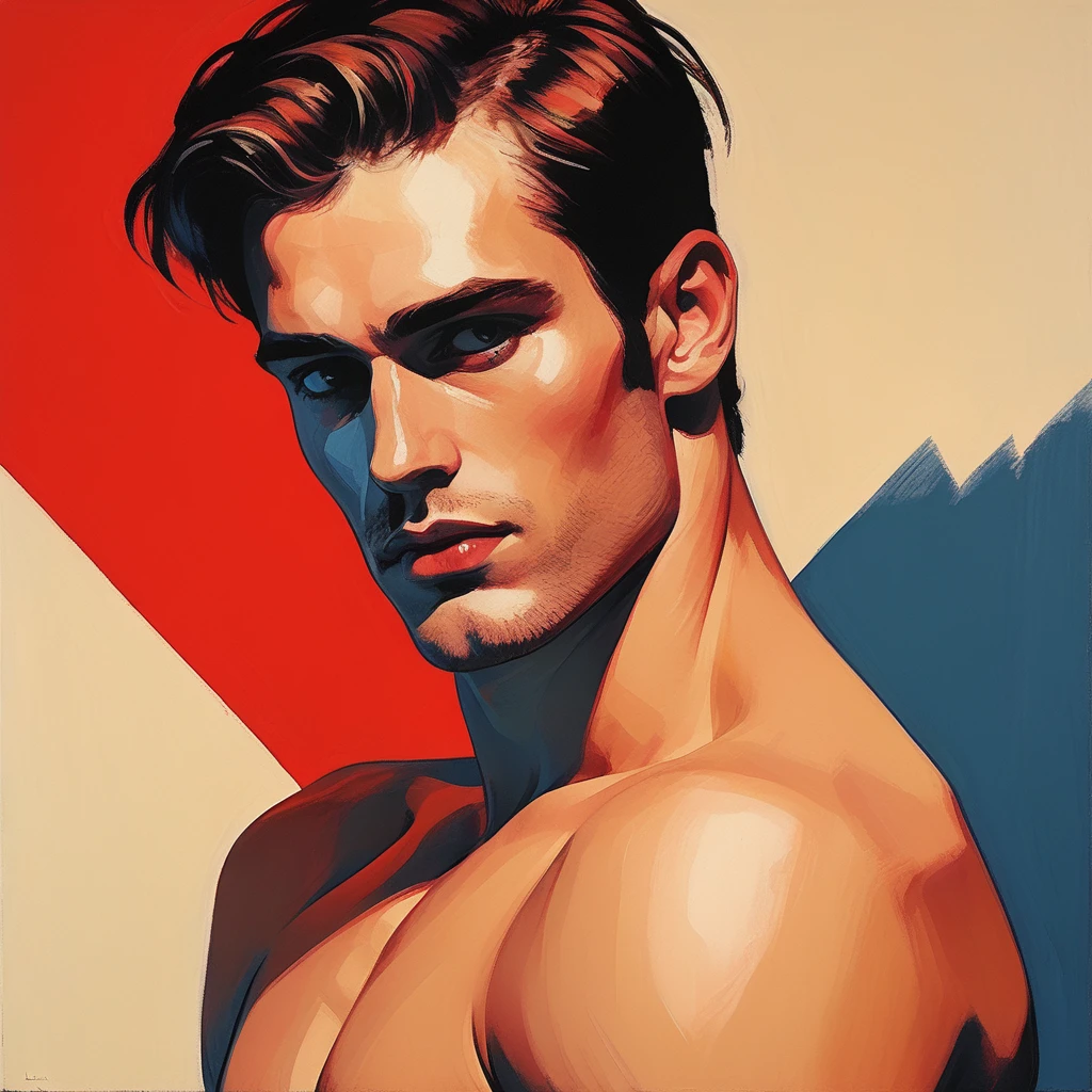 chiaroscuro technique on sensual illustration of an arafed man in white underwear, sexy masculine, diego fazio, male model, by Ludovit Fulla, model with attractive body, inspired by Ludovit Fulla, mid-shot of a hunky, the model draped in flowing, thick oil painting by Harumi Hironaka, extremely soft colors, vibrant, highly detailed, malcolm liepke painting, oil on canvas, high contrast, dramatic, refined, tonal, Create high contrast between light and shadow fire around, there is a red circle on a blue and red square, inspired by Bauhaus, in a shapes background, brown red blue, circle forms, red blue, by Leon Polk Smith, memphis abstract minimal art, graphic shapes, minimal art, blue and red, minimal art style, bauhaus art, inspired by El Lissitzky, bold simple shapes